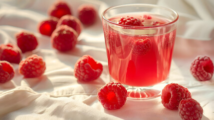 A glass of red liquid with a bunch of raspberries on a table