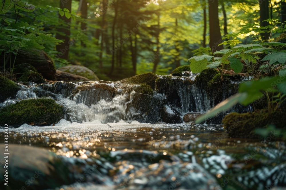 Poster a serene river flows gently through the midst of a vibrant and thriving green forest, ideal for use 