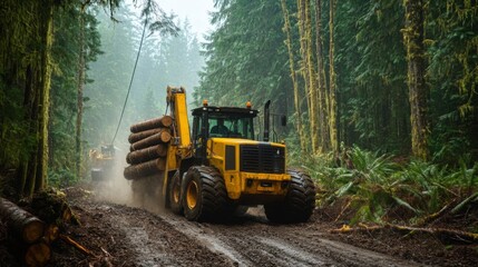 A heavy yellow loader transports logs through a muddy forest road, surrounded by tall trees on a rainy day.