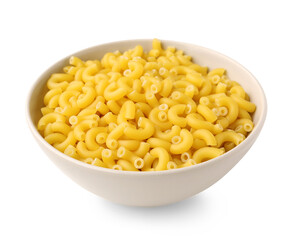 Bowl with tasty raw elbow pasta on white background