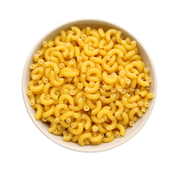 Bowl with tasty raw elbow pasta on white background