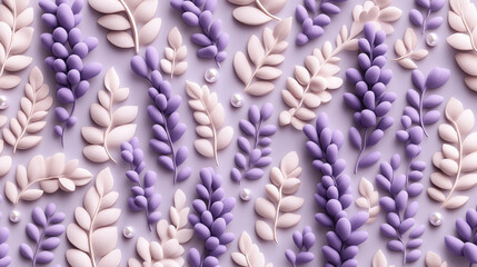 Abstract botanical background featuring pastel pink and purple leaf patterns with scattered pearl-like elements on a lavender backdrop.