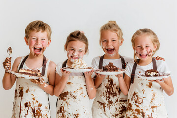 Four children wearing white aprons are completely dirty of chocolate & whipped cream, laughing & having fun together, showing the messy desserts & cakes they prepared on a dish.