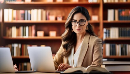 A woman is working in a library using her laptop and reading a book.