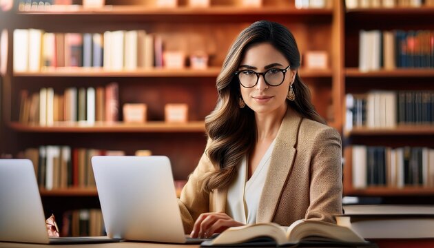 A woman is working in a library using her laptop and reading a book.