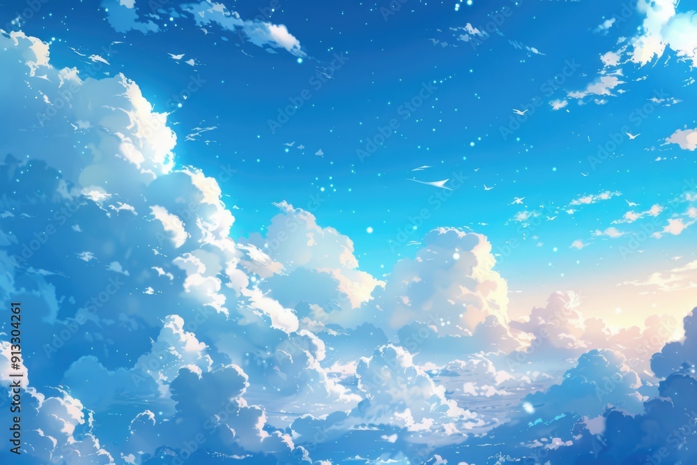 Poster A cloudy sky with fluffy white clouds in various shapes and sizes