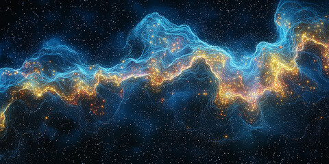 Obraz premium Abstract digital landscape with glowing lines and dots on a dark blue background, signifying a data concept.