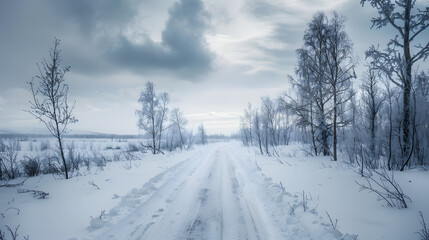 A snowy road with trees in the background
