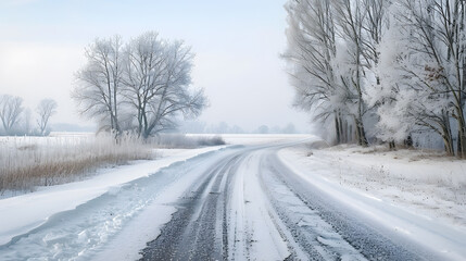Obraz premium A snowy road with trees in the background