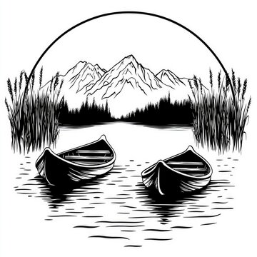 black canoes on lake near mountains clip art preview