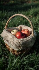 basket with applesbasket, food, fruit, apple, red, fresh, autumn, ripe, vegetable, tomato, healthy, nature, wicker, isolated, vegetables, apples, organic, vegetarian, harvest, diet, agriculture, garde