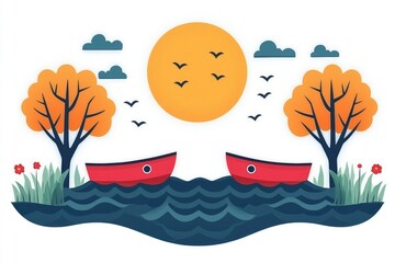 Two Red Boats on a Calm Lake at Sunset