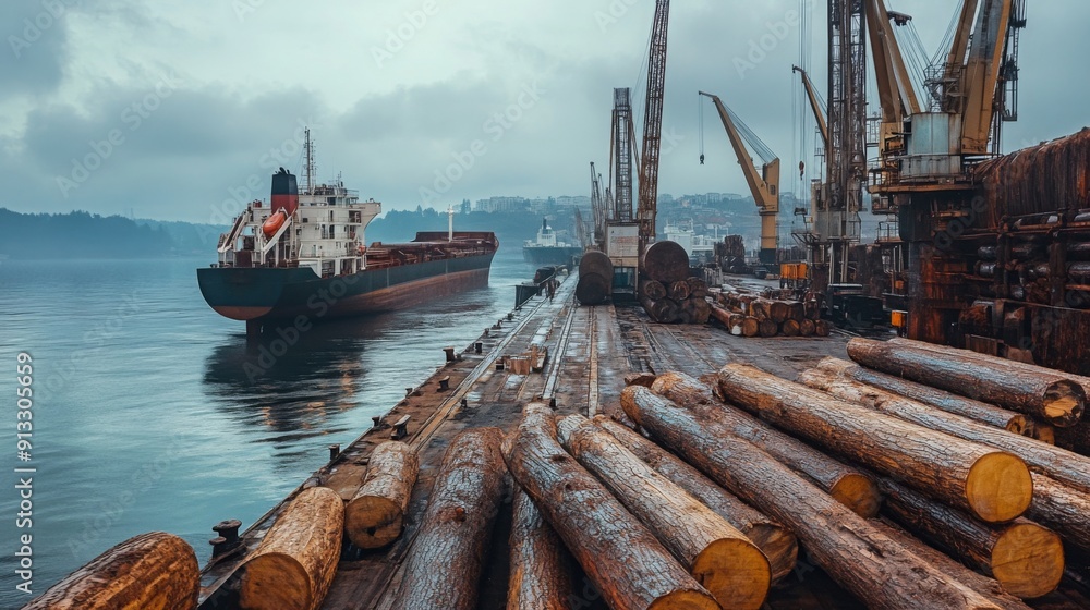 Poster a cargo ship is moored at a lumber yard, with logs neatly stacked along the waterfront under a cloud