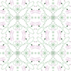  Seamless pattern, handmade pattern, imitation of vines, green, pink, on white background.