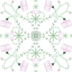 Seamless pattern, handmade pattern, imitation of vines, green, pink, on white background.