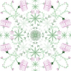  Seamless pattern, handmade pattern, imitation of vines, green, pink, on white background.