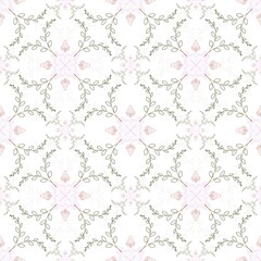 Seamless pattern, handmade pattern, imitation of vines, green, pink, on white background.