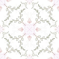 Seamless pattern, handmade pattern, imitation of vines, green, pink, on white background.