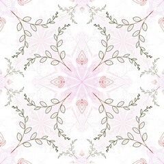 Seamless pattern, handmade pattern, imitation of vines, green, pink, on white background.