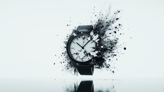 Surreal Image of Wristwatch Exploding into Particles Creating Dynamic Motion and Fragmentation Effects Against Minimalistic Background