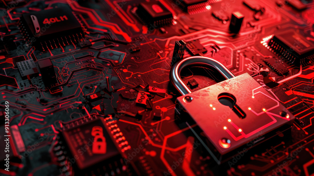 Poster hacker attack visual featuring a red alert, broken padlock, and signs of a system breach.