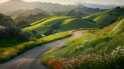 Fototapeta premium A road winds through a lush green field with wildflowers along the side