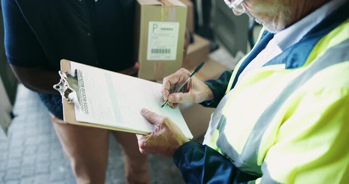 Man, hands and delivery with signature for box, package or supply chain in transportation service. Closeup of customer signing paper with courier guy on clipboard for parcel, cargo or distribution