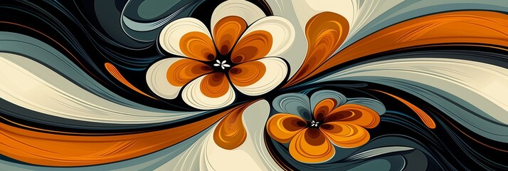 Elegant Abstract Background Featuring Colorful Swirling Fruits and Floral Elements