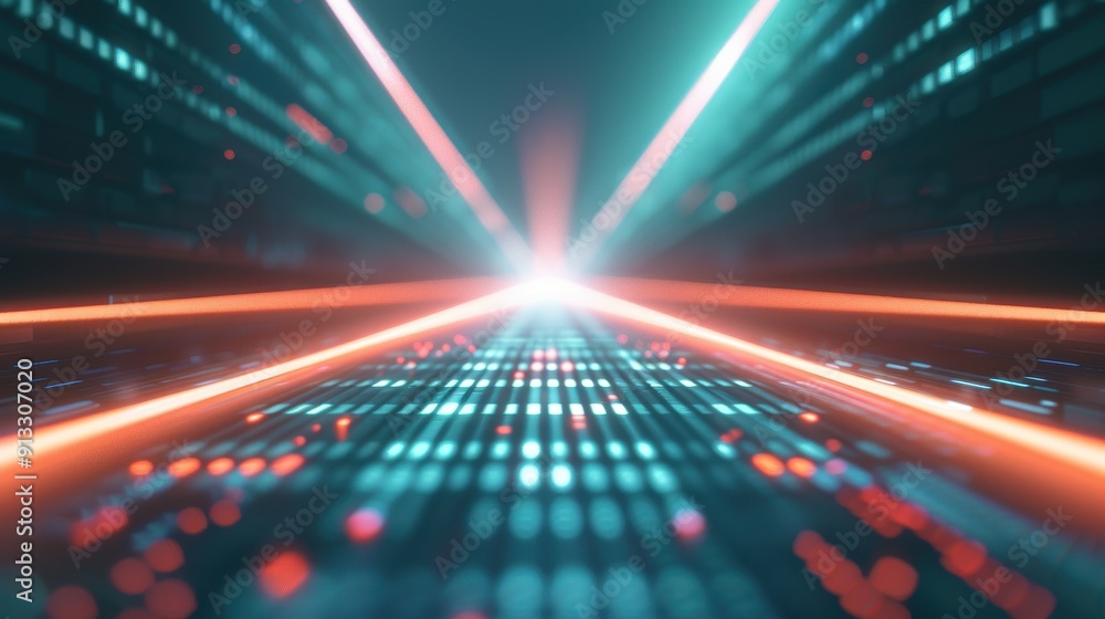 Poster a captivating digital abstract design featuring vibrant lines and glowing particles, creating a futu