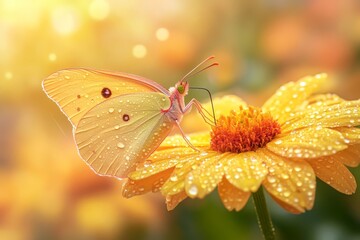 Butterfly Resting on Dewy Yellow Flower