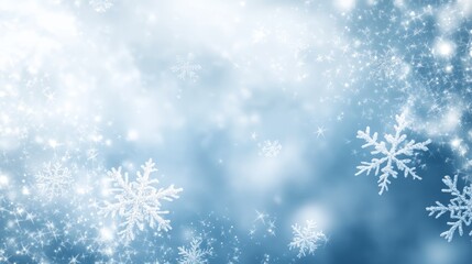 Background of falling snowflakes against a soft gradient sky, shifting from pale blue to white