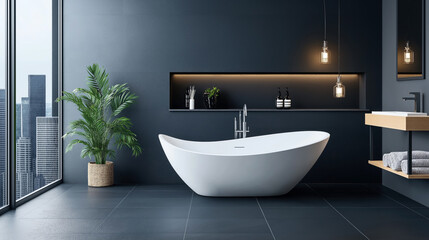 Modern bathroom with a stylish freestanding tub, black wall, potted plant, large window with city view, pendant lights, and minimalist vanity with towels.