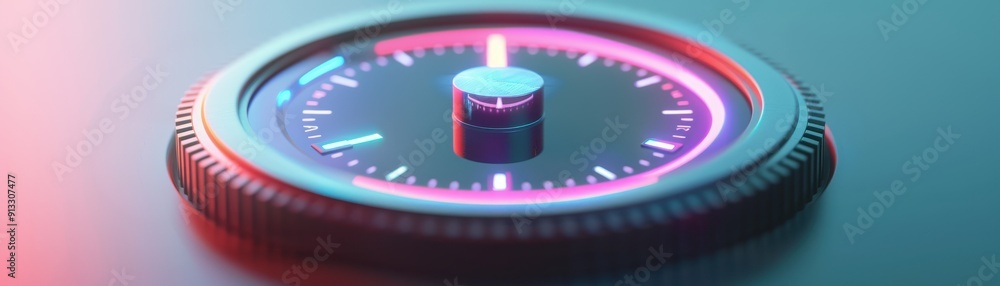 Poster a close-up of a modern compass with vibrant neon lights, reflecting guidance and navigation in a con