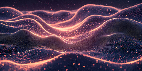 Abstract glowing dots and lines creating a digital landscape on a dark backdrop, embodying the concept of data flow
