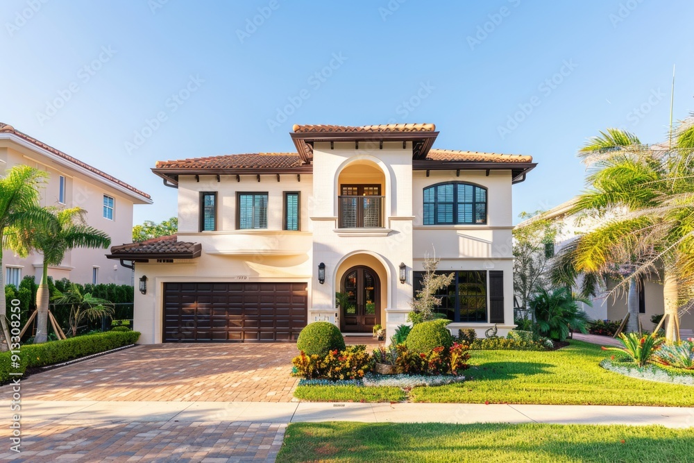 Poster a residential property with a driveway and palm trees in the front yard, suitable for real estate or