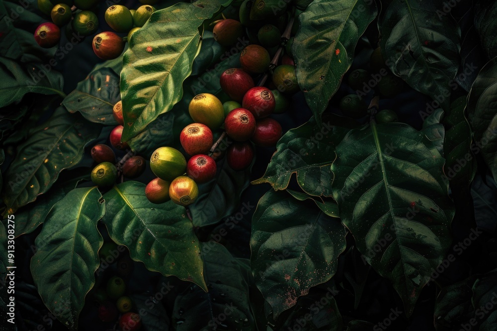 Poster close-up of a branch with coffee beans, suitable for use in food or beverage related contexts