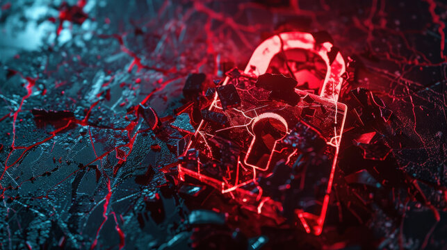 Hacker breach visual featuring a red broken padlock and cyber attack notification.