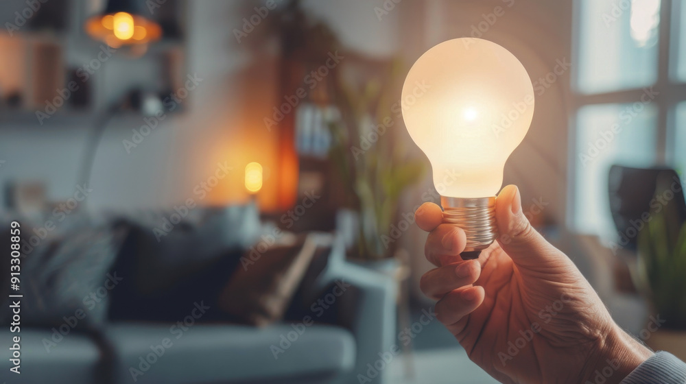 Poster home automation expert presenting a new wifi-enabled light bulb to viewers during a tech show.