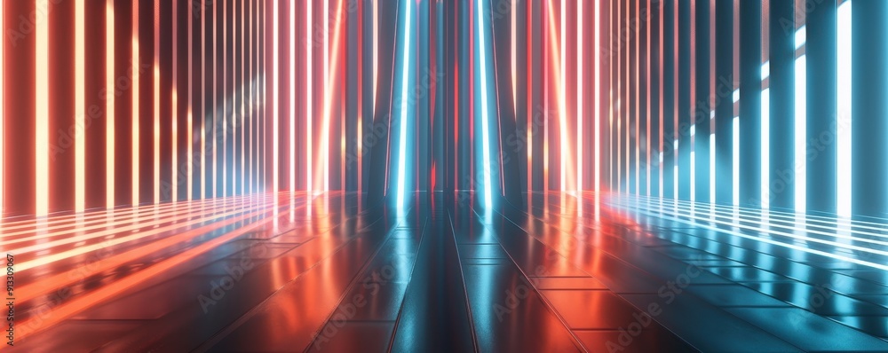 Poster a futuristic scene featuring vibrant neon lights casting reflections, creating a dynamic and immersi