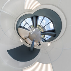 abstractly twisted into spherical 360 panorama interior of modern office with hall staircase and panoramic windows