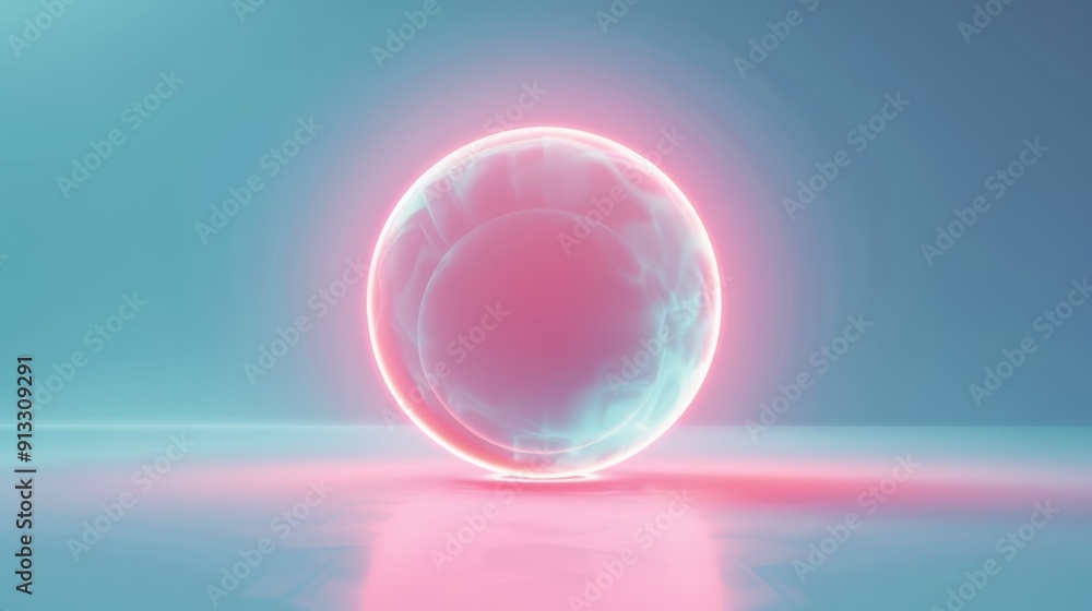 Poster a glowing spherical object with vibrant colors, floating in a serene environment, perfect for abstra