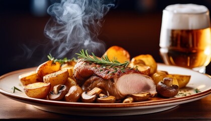 A hot meal of  potatoes, crisp outside and creamy inside, topped with melted cheese and crispy bacon bits. Accompanied by tangy sour cream, chives, a fresh salad, and a misty Pilsner