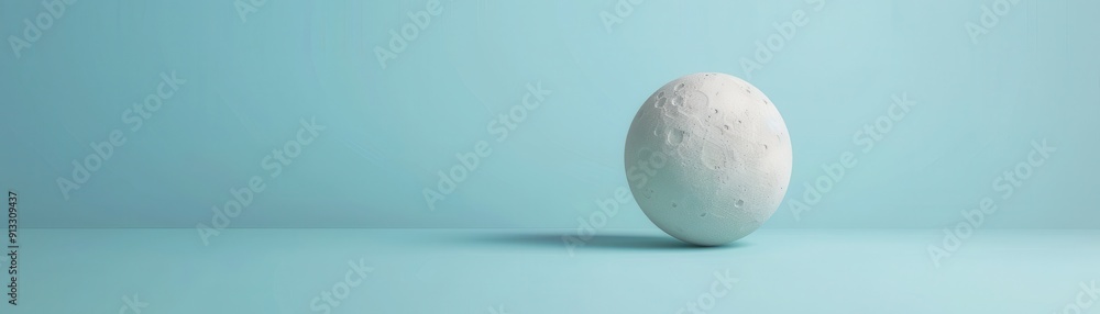 Poster a minimalistic image featuring a textured sphere resting on a smooth blue surface, conveying tranqui