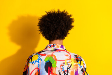 Rear behind photo of nice young man hairdo wear shirt isolated on bright yellow color background
