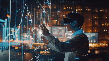 Fototapeta premium Man in VR Interacting with Data Visualization