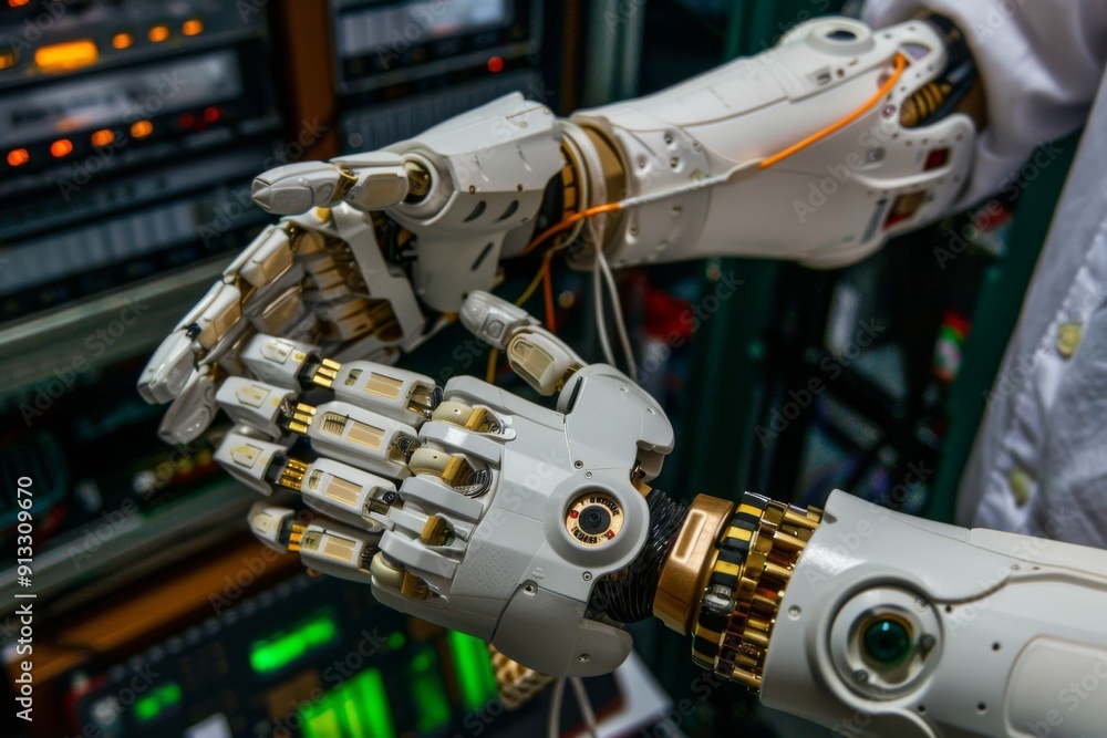 Poster closeup of a futuristic robotic arm interacting with another robotic hand