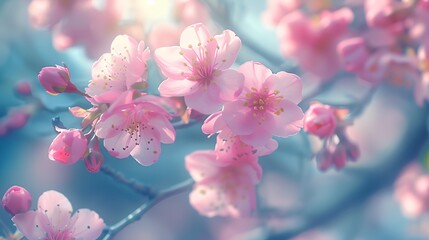 a bunch of pink flowers on a tree branch with a blue background