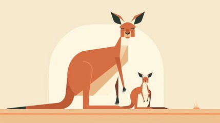 Obraz premium Kangaroo with a pouch, minimalist 2D vector, clean lines, uncluttered, plain background, simplified shapes, neutral tones, no details