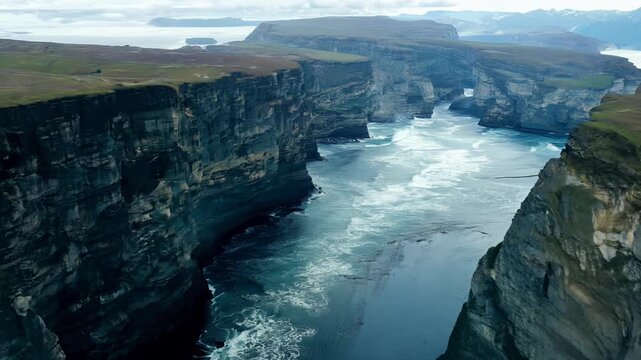 A rocky cliff overlooking the ocean with a few small waves
