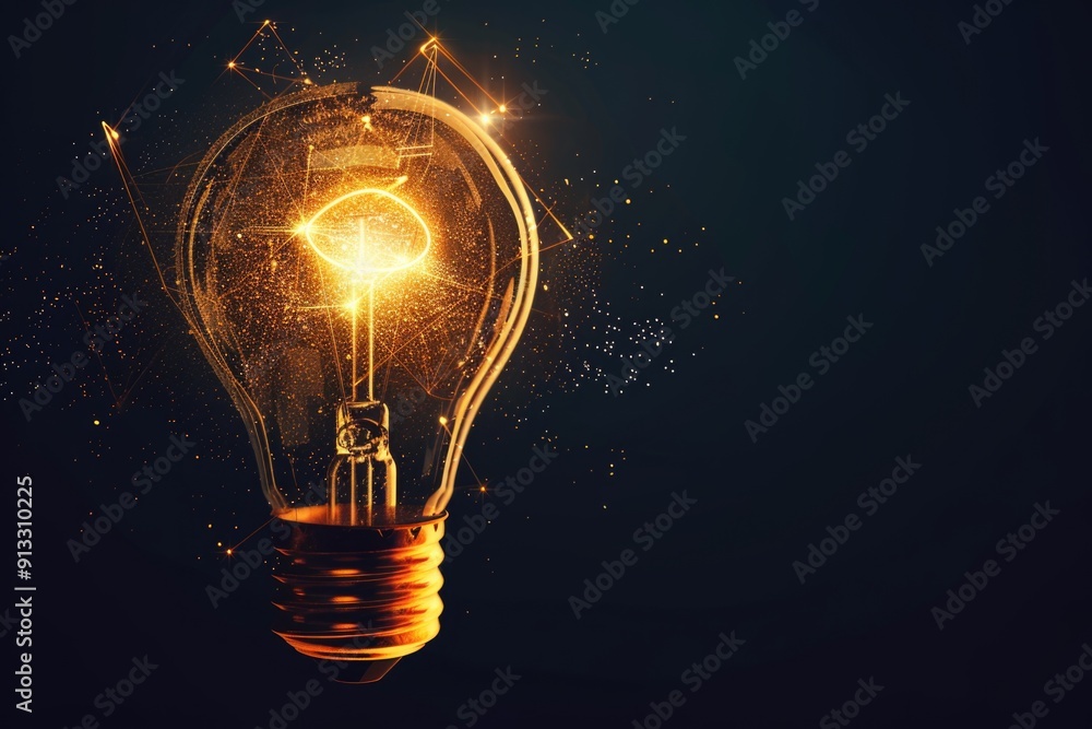 Poster a glowing light bulb with sparks emanating from the base